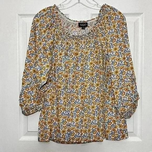 NWOT Gigio Yellow Floral Peasant Tiered 3/4 Sleeve Top | size small - Picture 4 of 7